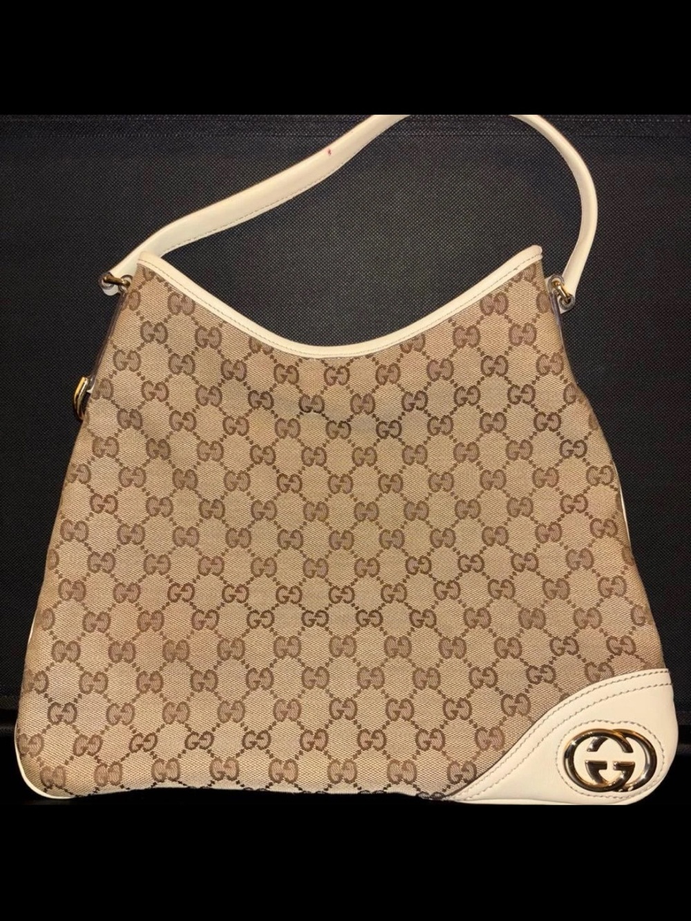 Gucci Beige GG Monogram Shoulder Bag with White Trim and Gold Logo